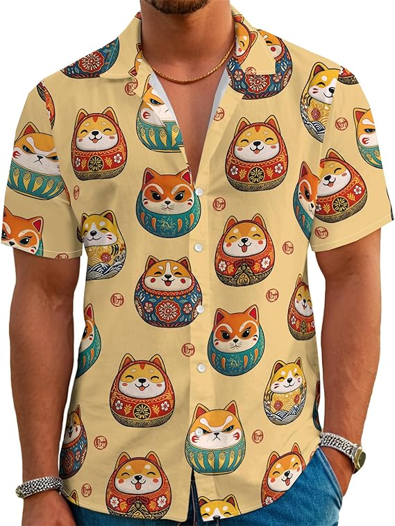 Darumadoll Shirt for Men Novelty Cartoon Casual Short Sleeve Tops Summer Tropical Vacation Button Down Shirt