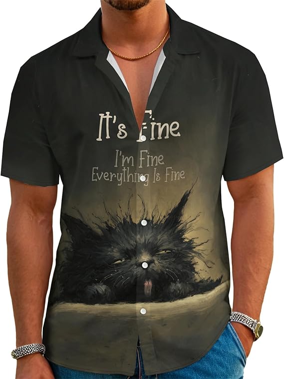 Black Shirt for Men Novelty Cartoon Casual Short Sleeve Tops Summer Tropical Vacation Button Down Shirt