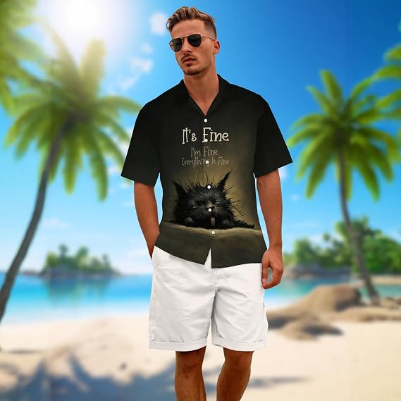 Black Shirt for Men Novelty Cartoon Casual Short Sleeve Tops Summer Tropical Vacation Button Down Shirt
