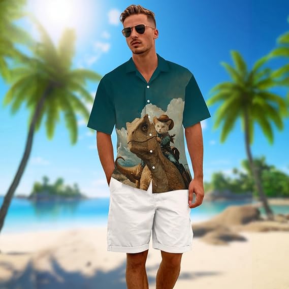 Cowboycat Shirt for Men Novelty Cartoon Casual Short Sleeve Tops Summer Tropical Vacation Button Down Shirt