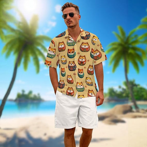 Darumadoll Shirt for Men Novelty Cartoon Casual Short Sleeve Tops Summer Tropical Vacation Button Down Shirt