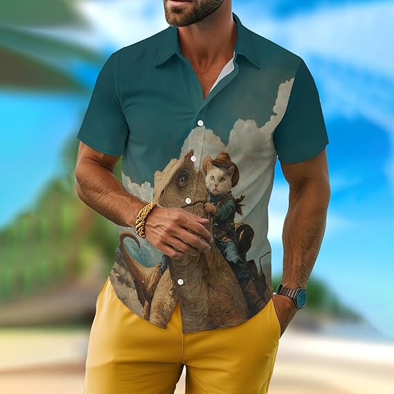 Cowboycat Shirt for Men Novelty Cartoon Casual Short Sleeve Tops Summer Tropical Vacation Button Down Shirt