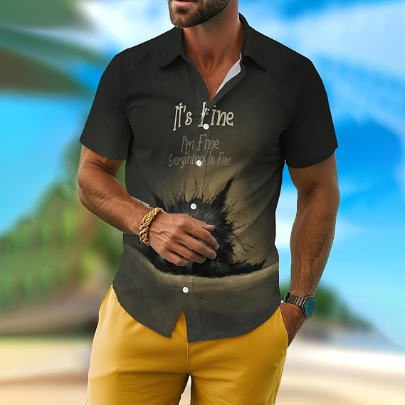 Black Shirt for Men Novelty Cartoon Casual Short Sleeve Tops Summer Tropical Vacation Button Down Shirt