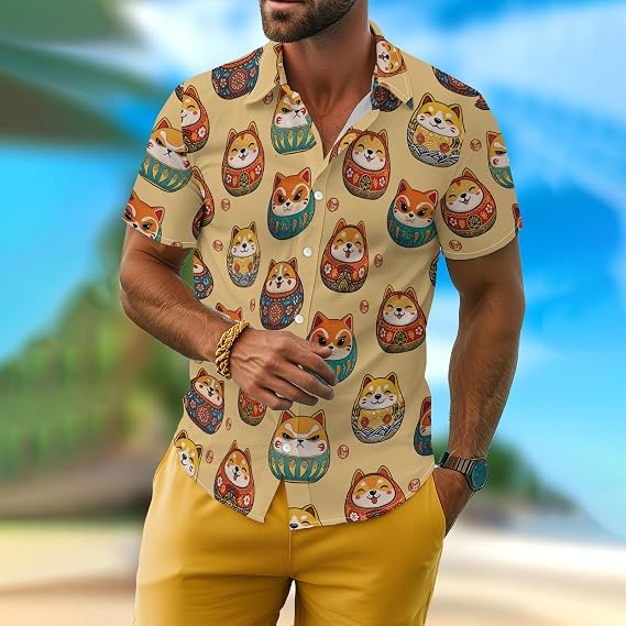 Darumadoll Shirt for Men Novelty Cartoon Casual Short Sleeve Tops Summer Tropical Vacation Button Down Shirt