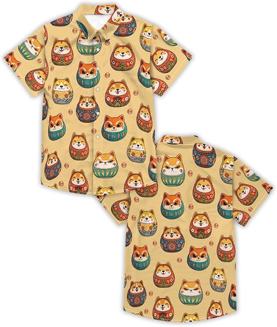 Darumadoll Shirt for Men Novelty Cartoon Casual Short Sleeve Tops Summer Tropical Vacation Button Down Shirt
