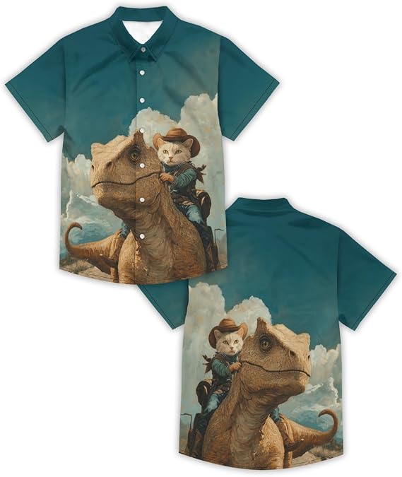 Cowboycat Shirt for Men Novelty Cartoon Casual Short Sleeve Tops Summer Tropical Vacation Button Down Shirt
