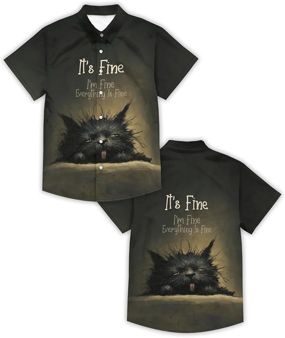 Black Shirt for Men Novelty Cartoon Casual Short Sleeve Tops Summer Tropical Vacation Button Down Shirt