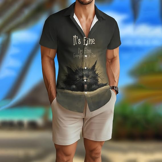 Black Shirt for Men Novelty Cartoon Casual Short Sleeve Tops Summer Tropical Vacation Button Down Shirt