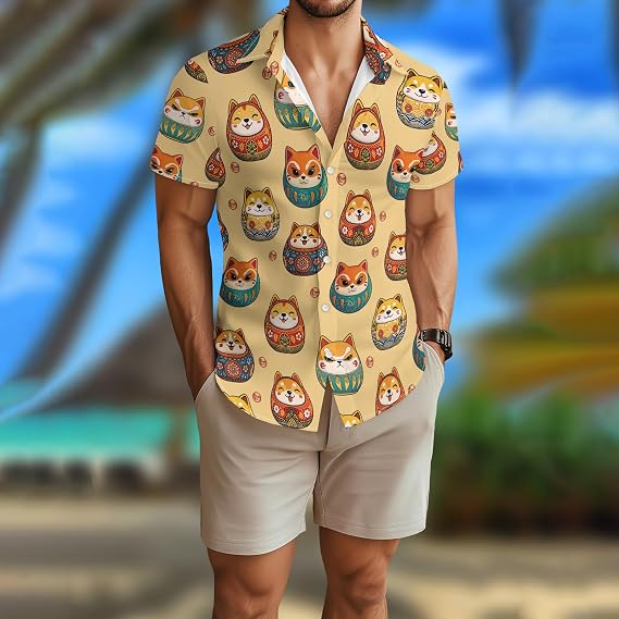 Darumadoll Shirt for Men Novelty Cartoon Casual Short Sleeve Tops Summer Tropical Vacation Button Down Shirt