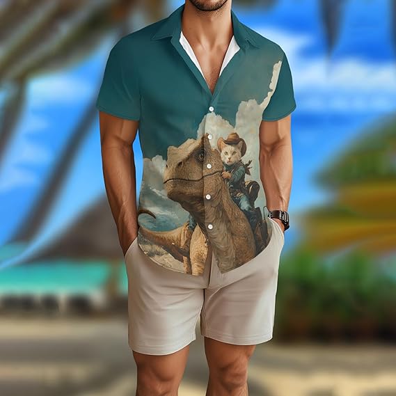 Cowboycat Shirt for Men Novelty Cartoon Casual Short Sleeve Tops Summer Tropical Vacation Button Down Shirt