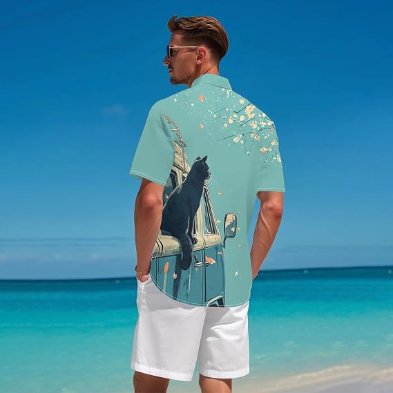 Greencat Shirt for Men Novelty Cartoon Casual Short Sleeve Tops Summer Tropical Vacation Button Down Shirt