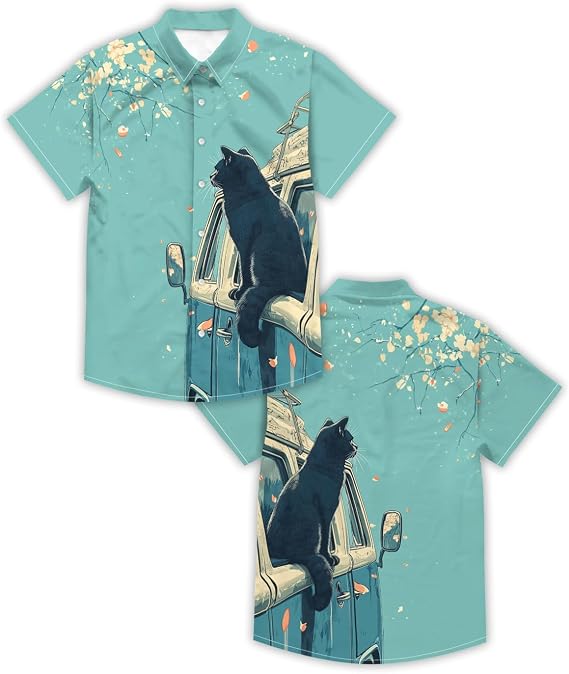 Greencat Shirt for Men Novelty Cartoon Casual Short Sleeve Tops Summer Tropical Vacation Button Down Shirt