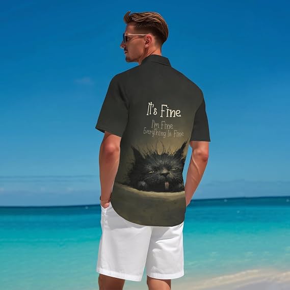 Black Shirt for Men Novelty Cartoon Casual Short Sleeve Tops Summer Tropical Vacation Button Down Shirt