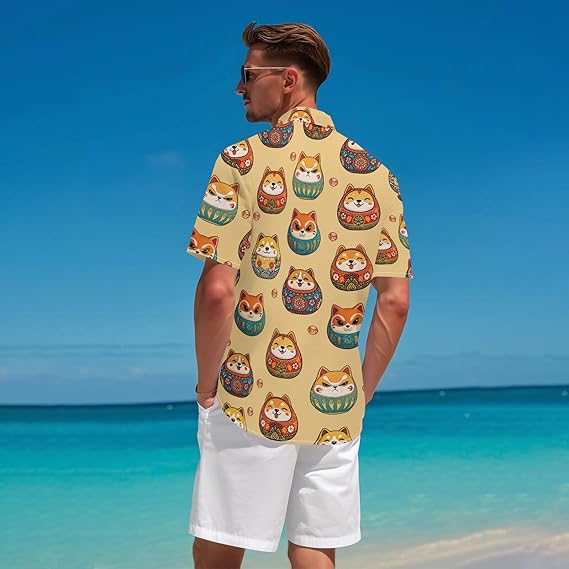 Darumadoll Shirt for Men Novelty Cartoon Casual Short Sleeve Tops Summer Tropical Vacation Button Down Shirt