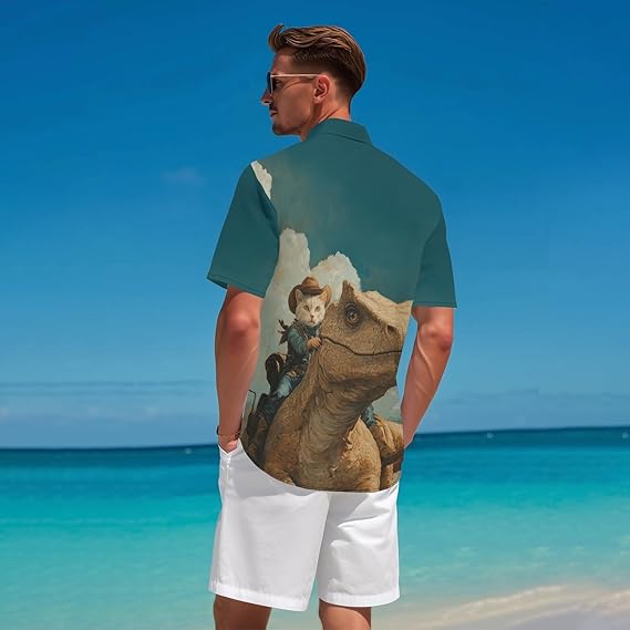 Cowboycat Shirt for Men Novelty Cartoon Casual Short Sleeve Tops Summer Tropical Vacation Button Down Shirt