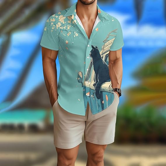 Greencat Shirt for Men Novelty Cartoon Casual Short Sleeve Tops Summer Tropical Vacation Button Down Shirt