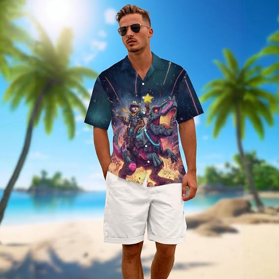 Spacecat Shirt for Men Novelty Cartoon Casual Short Sleeve Tops Summer Tropical Vacation Button Down Shirt