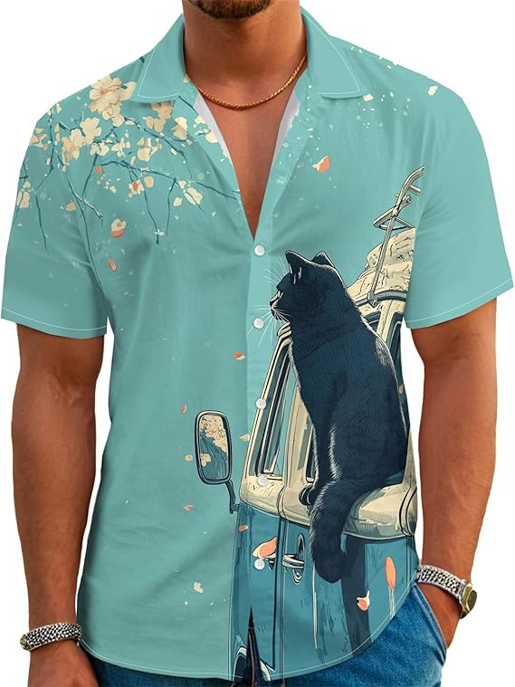 Greencat Shirt for Men Novelty Cartoon Casual Short Sleeve Tops Summer Tropical Vacation Button Down Shirt