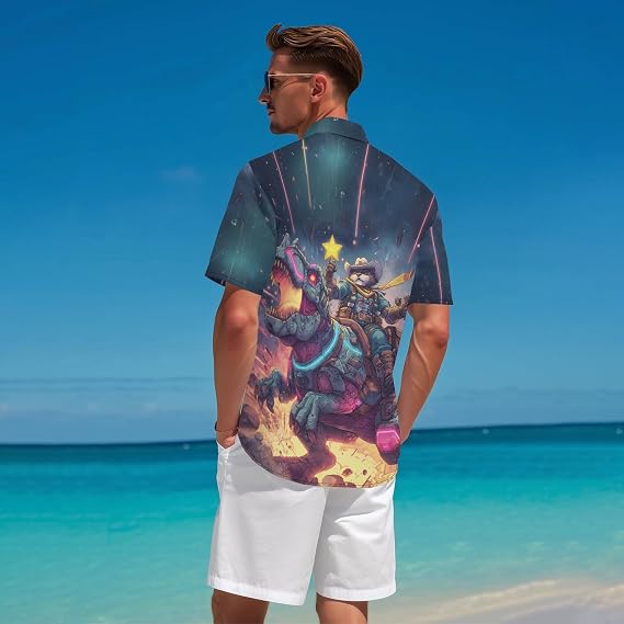 Spacecat Shirt for Men Novelty Cartoon Casual Short Sleeve Tops Summer Tropical Vacation Button Down Shirt