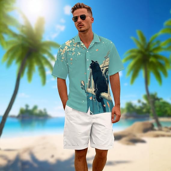 Greencat Shirt for Men Novelty Cartoon Casual Short Sleeve Tops Summer Tropical Vacation Button Down Shirt