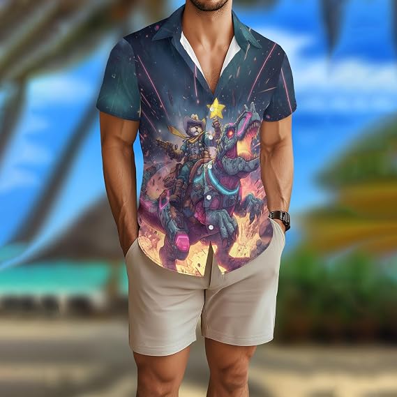 Spacecat Shirt for Men Novelty Cartoon Casual Short Sleeve Tops Summer Tropical Vacation Button Down Shirt