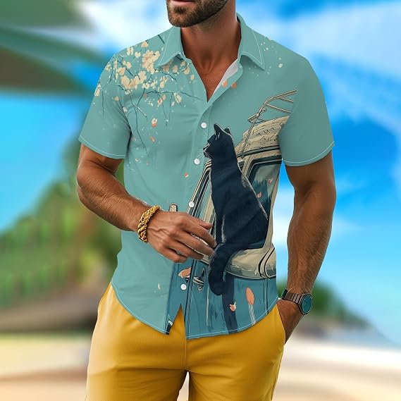 Greencat Shirt for Men Novelty Cartoon Casual Short Sleeve Tops Summer Tropical Vacation Button Down Shirt