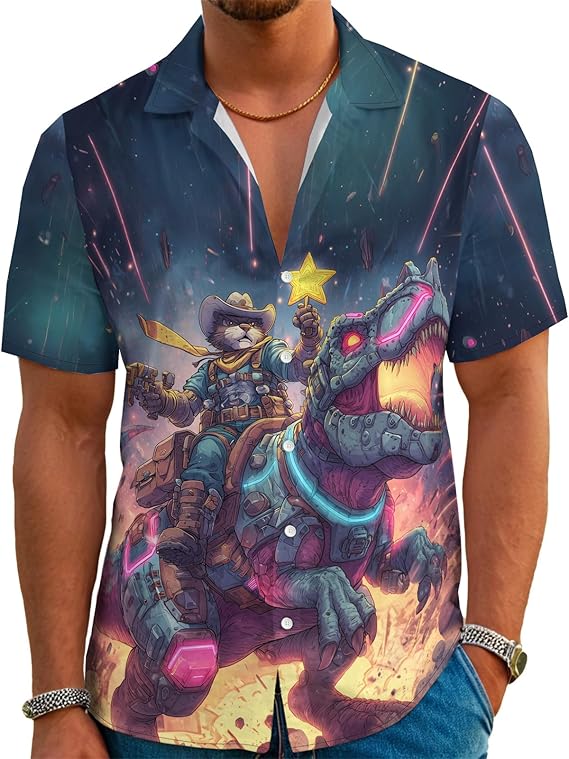Spacecat Shirt for Men Novelty Cartoon Casual Short Sleeve Tops Summer Tropical Vacation Button Down Shirt