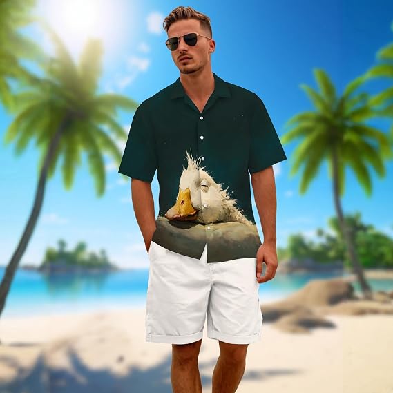 Goose Shirt for Men Novelty Cartoon Casual Short Sleeve Tops Summer Tropical Vacation Button Down Shirt