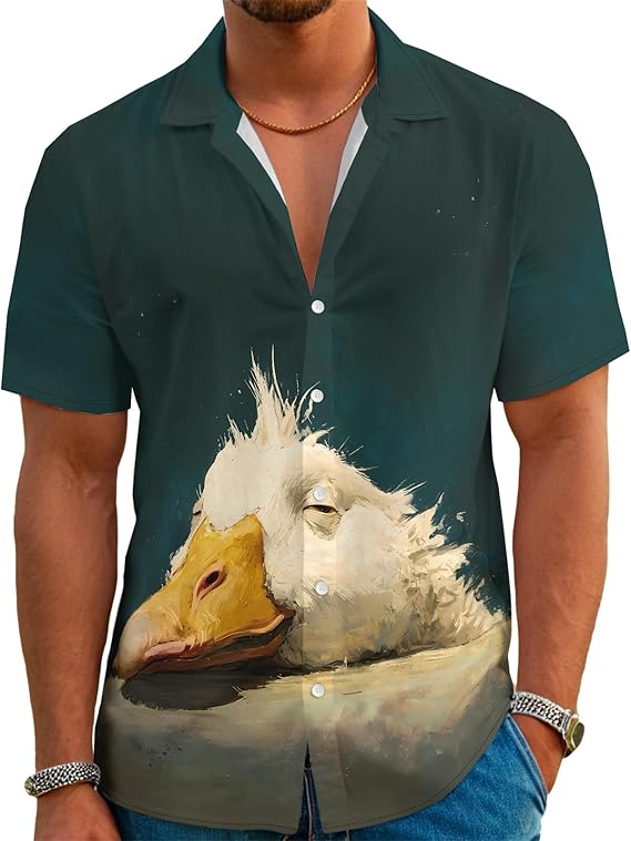 Goose Shirt for Men Novelty Cartoon Casual Short Sleeve Tops Summer Tropical Vacation Button Down Shirt