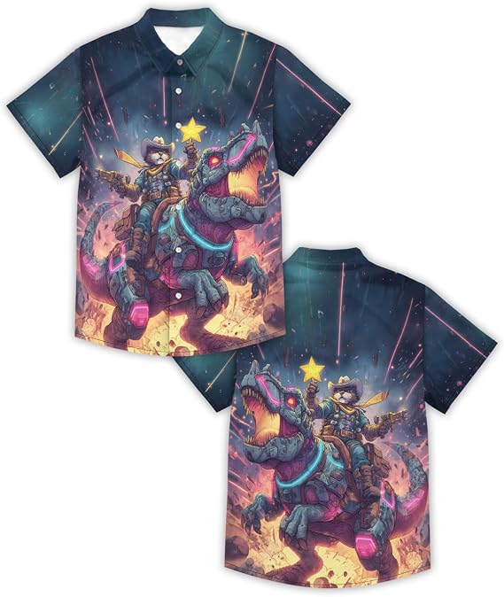 Spacecat Shirt for Men Novelty Cartoon Casual Short Sleeve Tops Summer Tropical Vacation Button Down Shirt