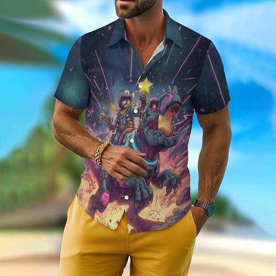 Spacecat Shirt for Men Novelty Cartoon Casual Short Sleeve Tops Summer Tropical Vacation Button Down Shirt